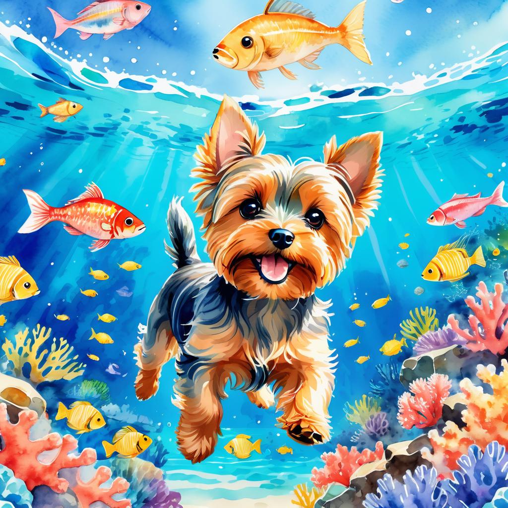 watercolor painting of yorkshire terrier swimming in a beautiful blue ocean with colorful fish and coral reef, capturing a happy and vibrant underwater scene.