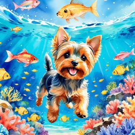 watercolor painting of yorkshire terrier swimming in a beautiful blue ocean with colorful fish and coral reef, capturing a happy and vibrant underwater scene.