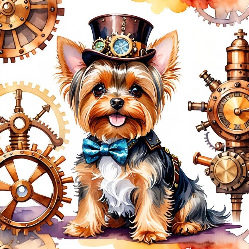 watercolor painting of yorkshire terrier in a steampunk style, vibrant and happy, highly detailed with anime influences.