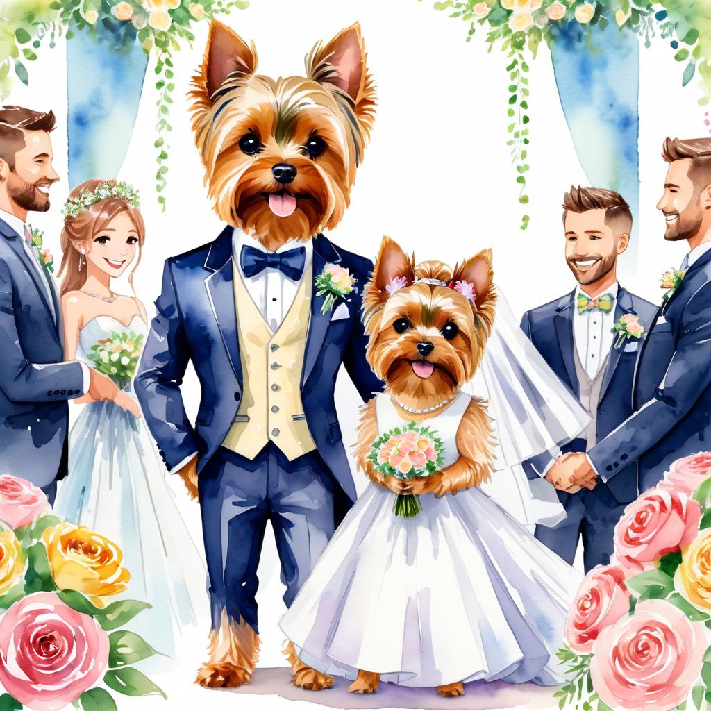 watercolor painting of yorkshire terrier at a wedding in a beautiful wedding suit, looking cute and happy in a vibrant, detailed style.