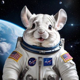 white chinchilla as astronaut in space, wearing spacesuit, highly detailed and lifelike.