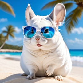 white chinchilla on a beautiful beach with white sand and blue sea, wearing sunglasses.