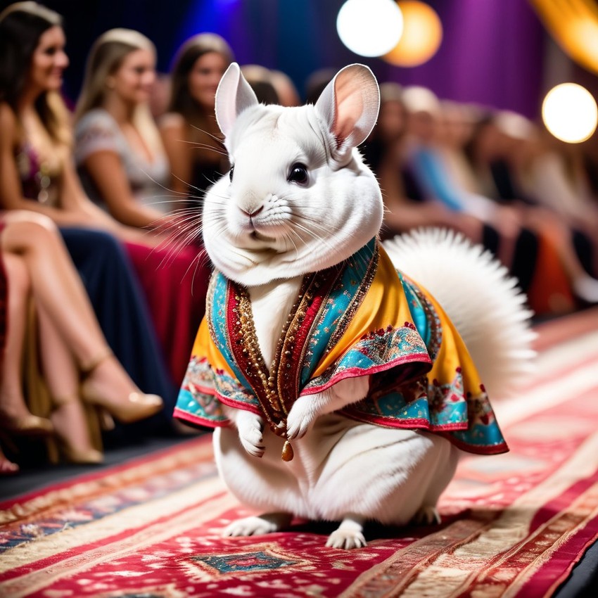 white chinchilla strutting down the fashion show catwalk stage in a colorful bohemian outfit with flowing fabrics, high energy and joyful.