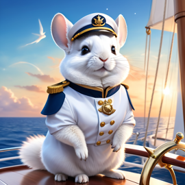 white chinchilla as a captain on a luxury yacht, wearing captain uniform, ethereal and majestic.