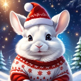 white chinchilla in a christmas sweater and santa hat, ethereal and magical.