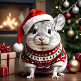 white chinchilla in a christmas sweater and santa hat, lifelike and festive.