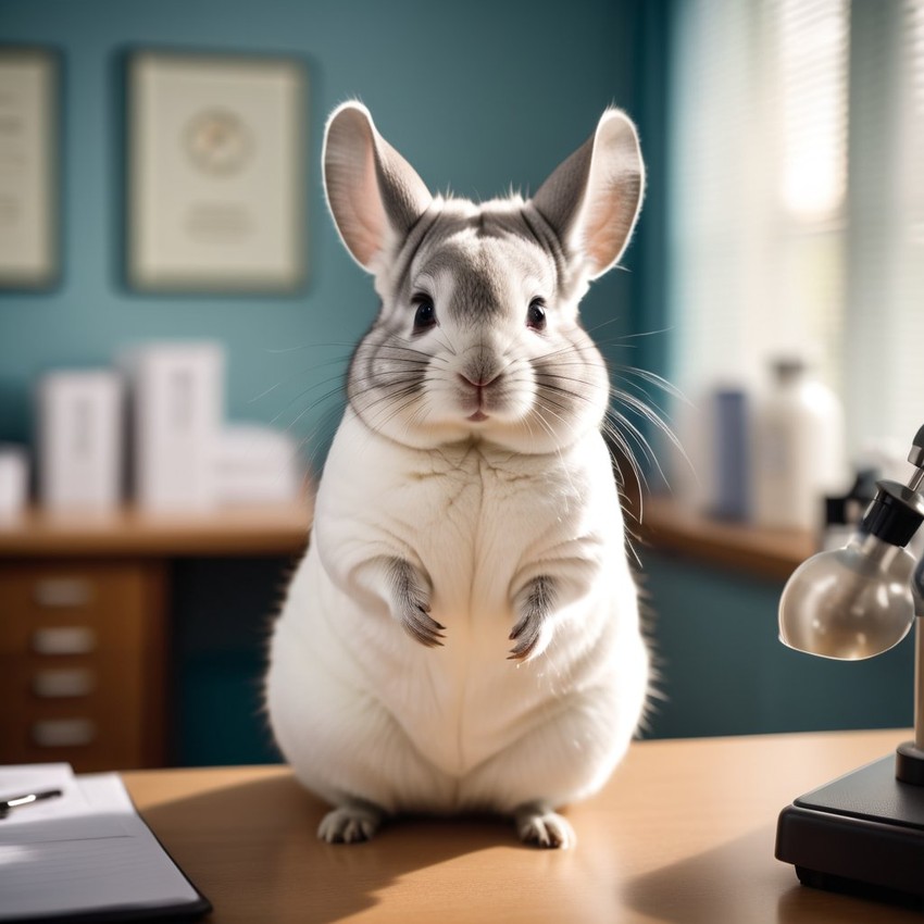 white chinchilla as a doctor in an office, detailed and charming, with high budget, bokeh, and a moody atmosphere.