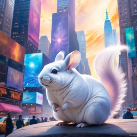 white chinchilla in new york depicted in ethereal fantasy art, with a magical and celestial backdrop.