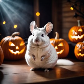 white chinchilla in a halloween costume with pumpkins and eerie decorations, highlighting their festive spirit.