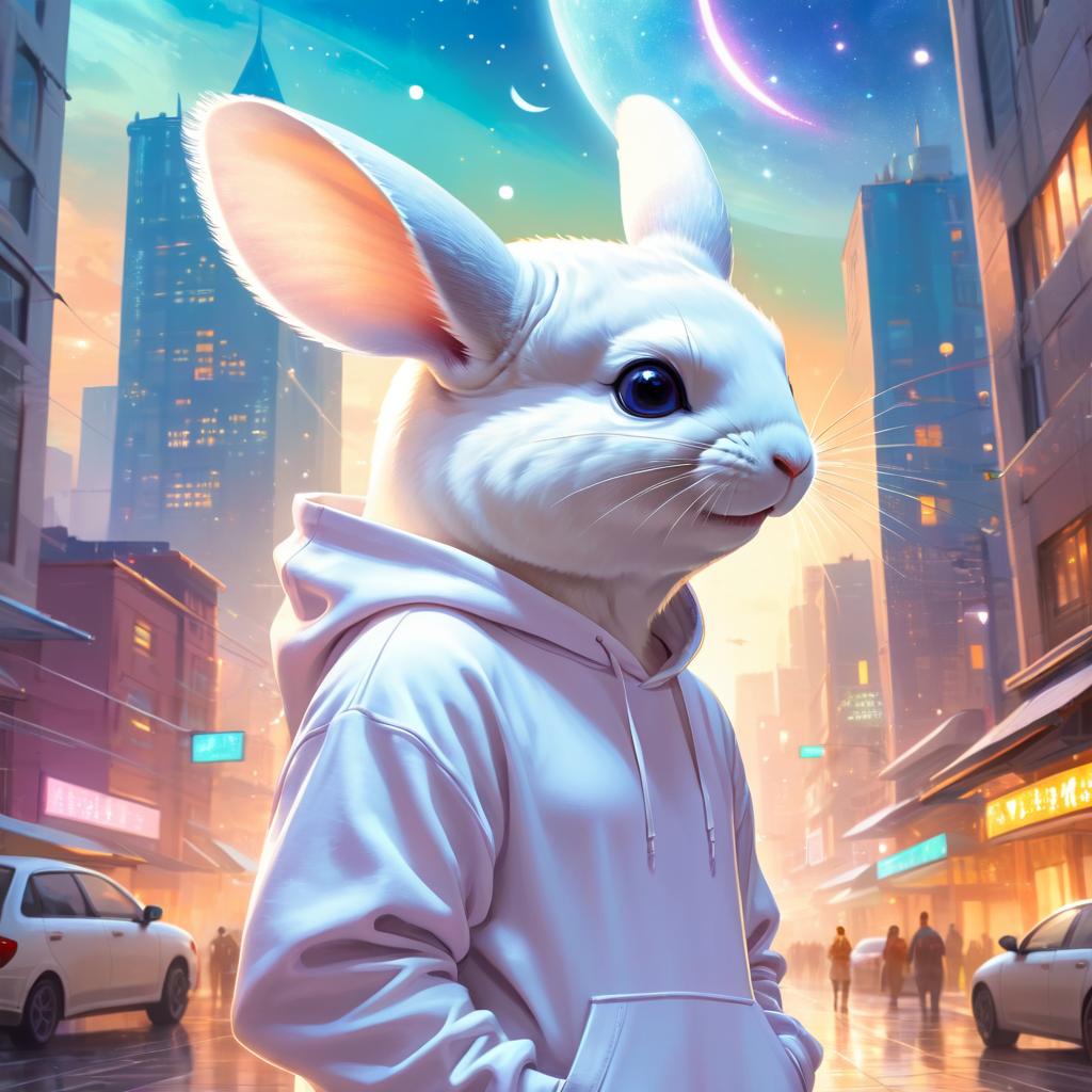 white chinchilla in a white hoodie, featuring a magical and ethereal urban setting with a cute and happy vibe.