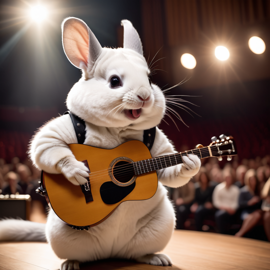 white chinchilla as a musician playing guitar in a cinematic concert hall, capturing dynamic and high-energy performance.