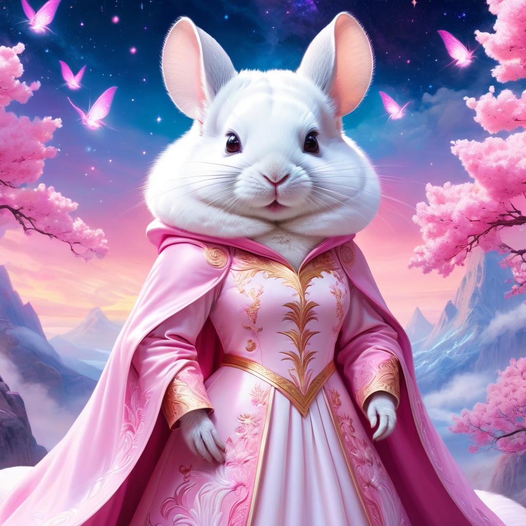 white chinchilla in pink clothing, set in a beautiful pink scene with a dreamy, magical vibe.