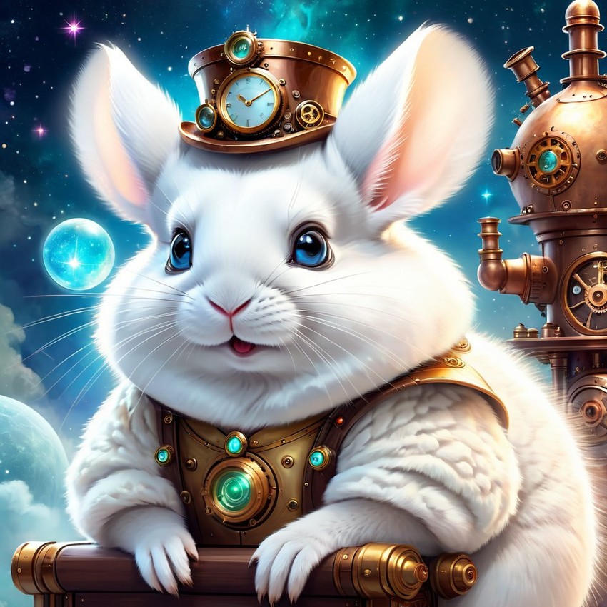 white chinchilla in a steampunk style, cute and happy, with a magical and painterly quality.