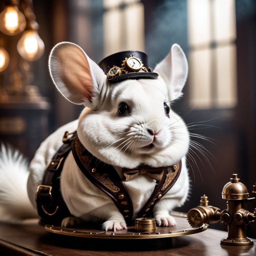 white chinchilla in a steampunk style, happy, highly detailed, retro-futuristic, with a vintage aesthetic.