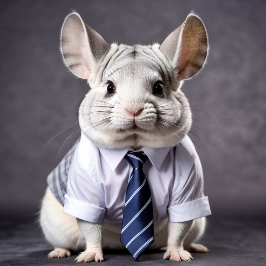 white chinchilla in a stylish shirt and tie, with a diffused background, capturing their cute and professional side.