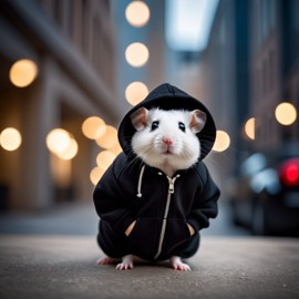 winter white russian dwarf hamster in a black hoodie, set against a modern urban backdrop, emphasizing a stylish and trendy look.