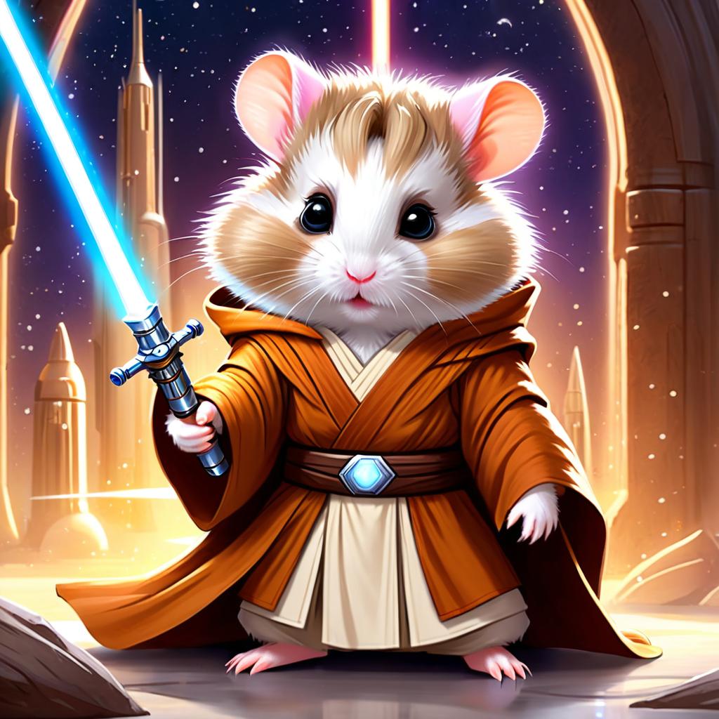 winter white russian dwarf hamster as a jedi knight, with a lightsaber and star wars backdrop in a celestial, painterly style.