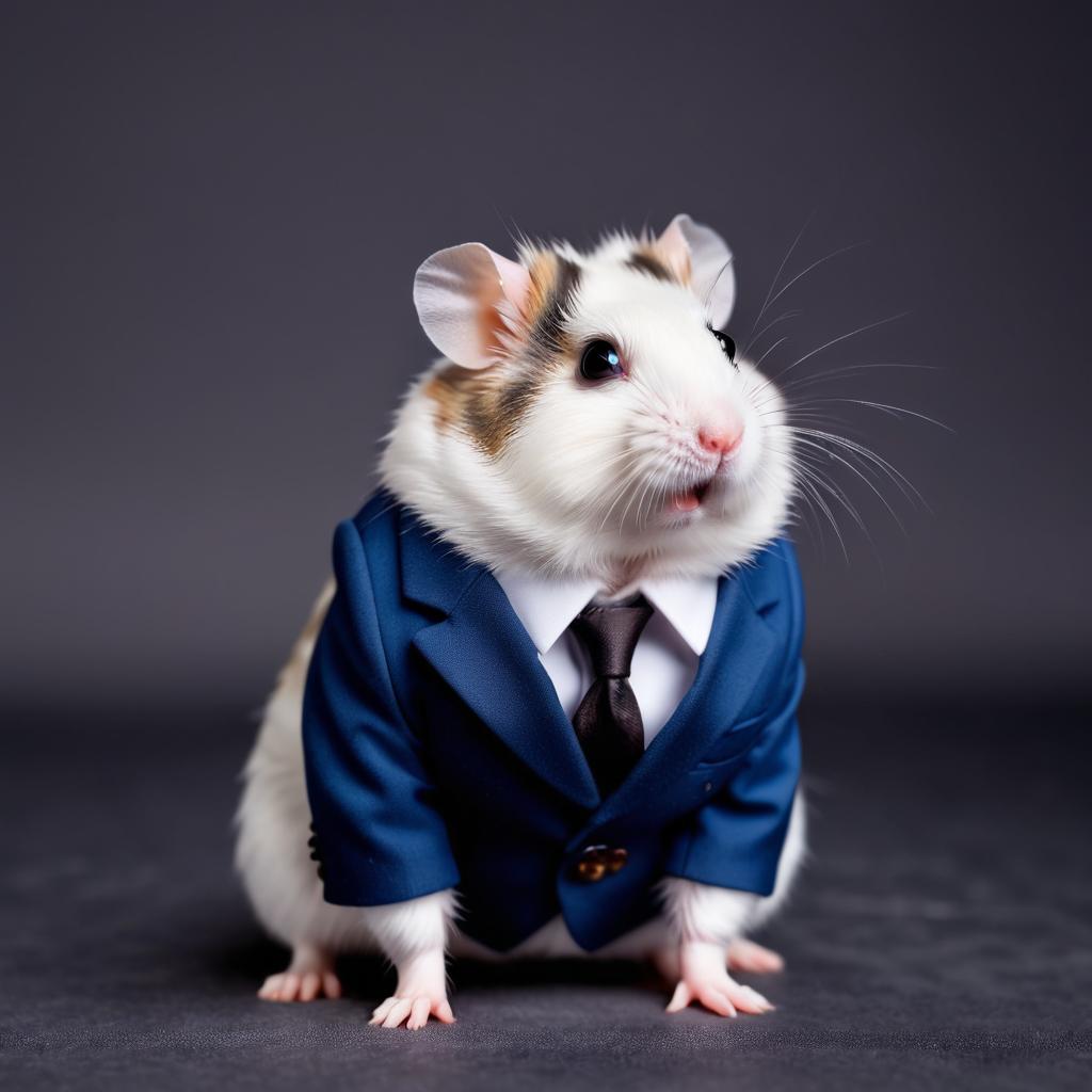 winter white russian dwarf hamster in a stylish suit, posing against a diffused background, looking cute and professional.