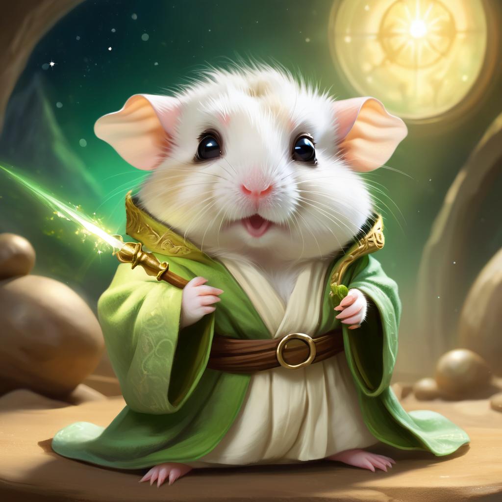 winter white russian dwarf hamster as yoda from star wars, holding a green lightsaber in a cinematic star wars scene.