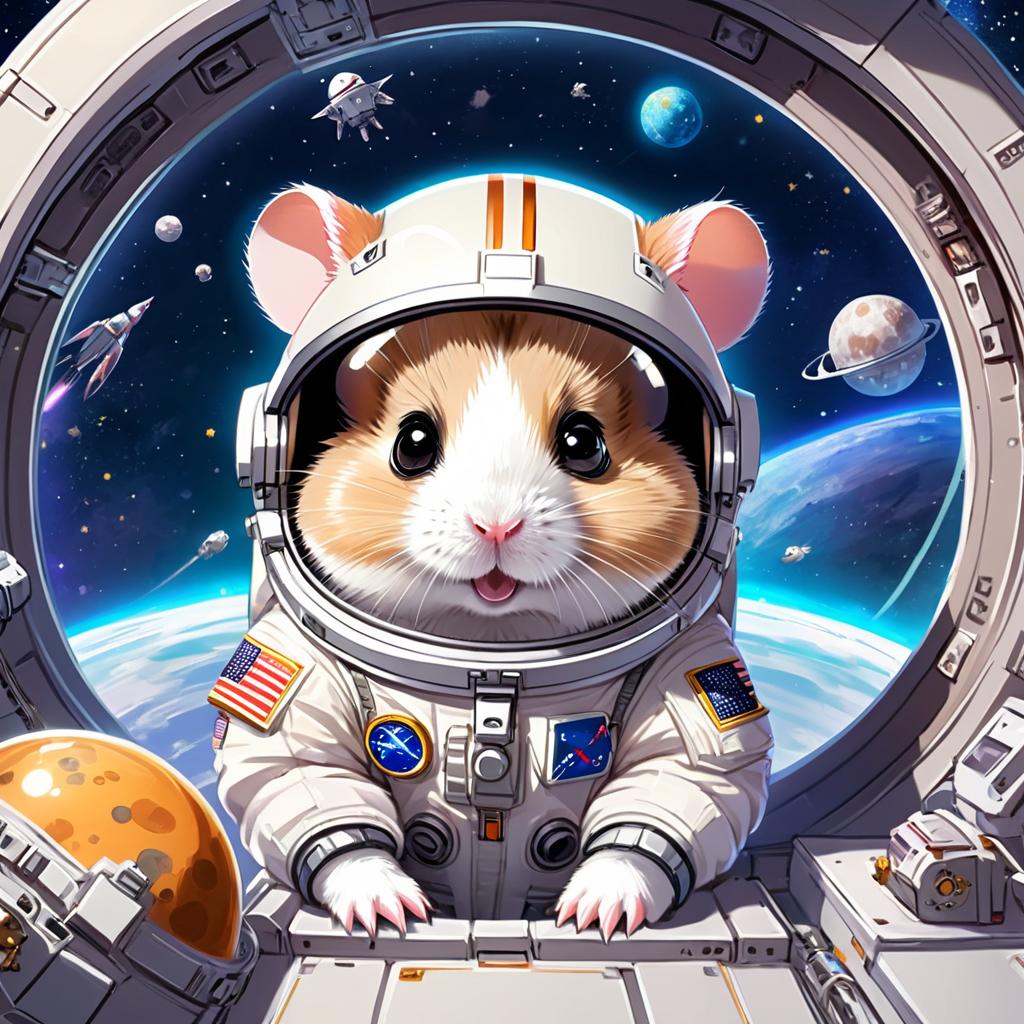 anime illustration of winter white russian dwarf hamster as astronaut in space, wearing spacesuit, vibrant and detailed.