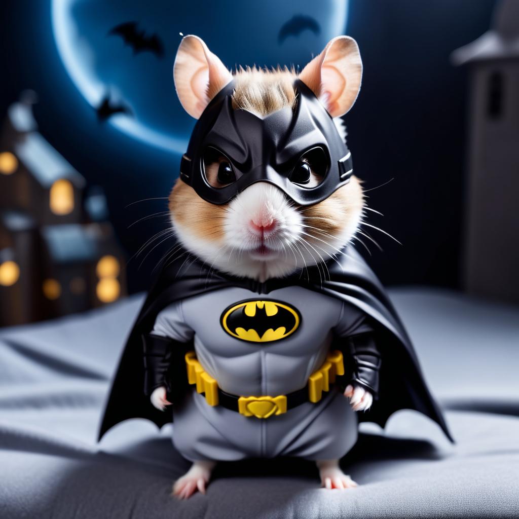 winter white russian dwarf hamster as batman, wearing batman suit and mask, highly detailed and vibrant.