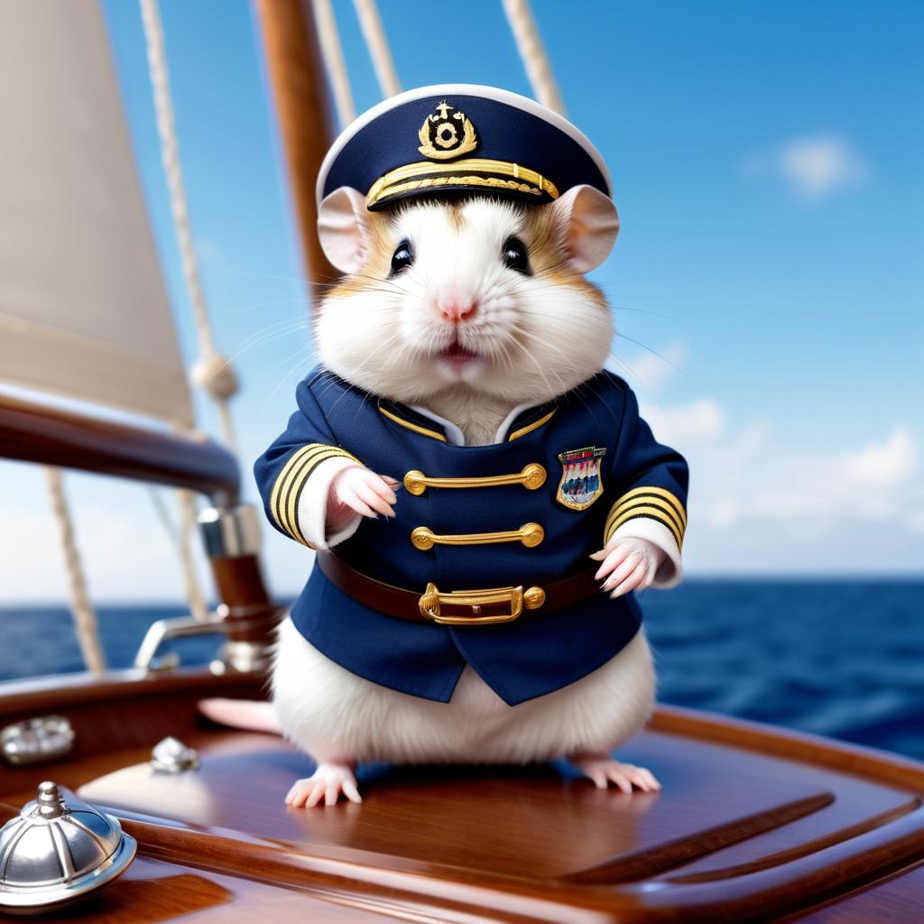 winter white russian dwarf hamster as a captain on a luxury yacht, wearing captain uniform, highly detailed.