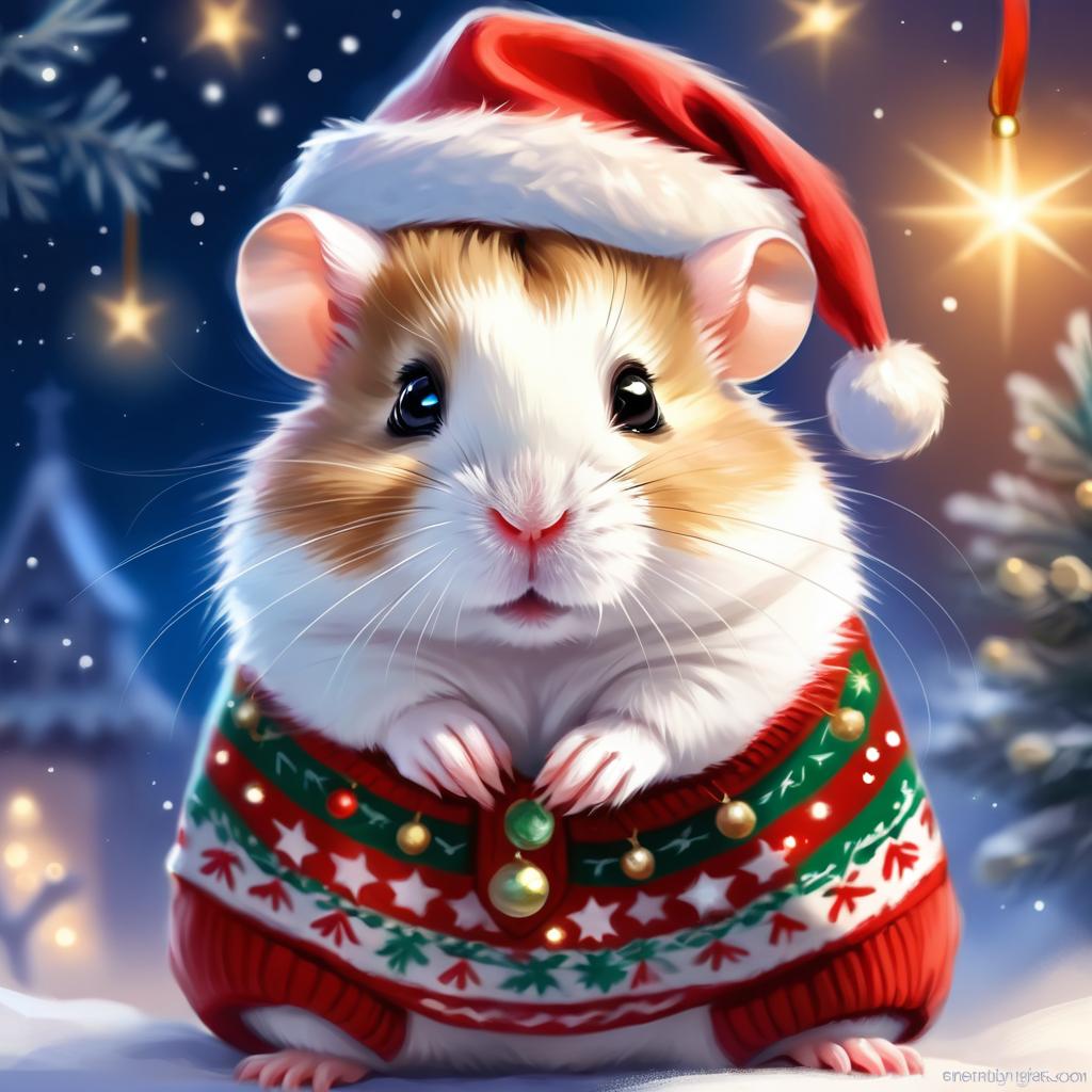 winter white russian dwarf hamster in a christmas sweater and santa hat, ethereal and magical.