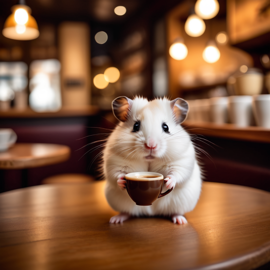 winter white russian dwarf hamster sitting in a cozy coffee shop with a cup of coffee, detailed and vibrant.