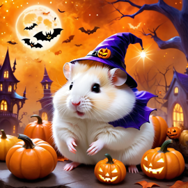 winter white russian dwarf hamster in a halloween costume, with a magical and ethereal atmosphere surrounded by pumpkins.