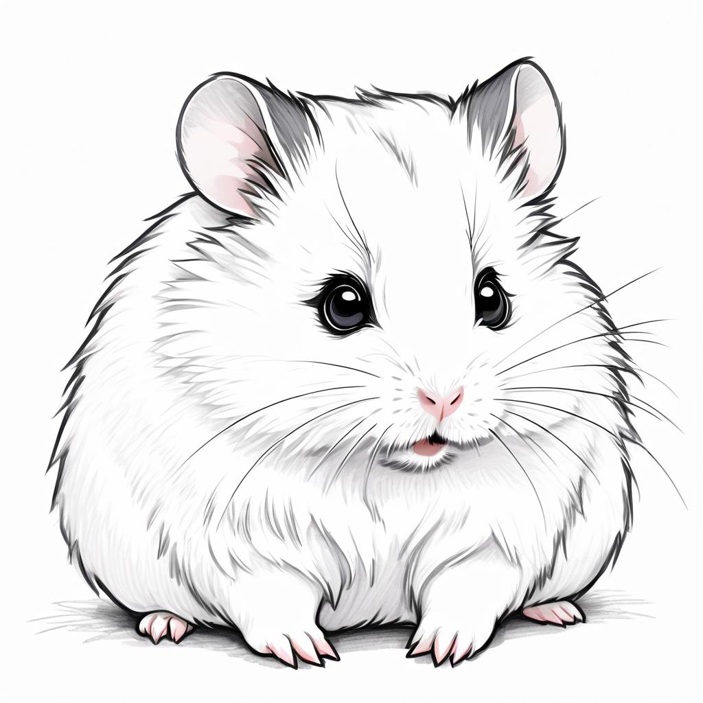 pencil sketch drawing of winter white russian dwarf hamster, detailed line art in black and white, capturing a timeless and elegant representation.