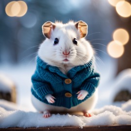 winter white russian dwarf hamster in a beautiful winter scene, wearing stylish winter clothing, looking cute and happy.