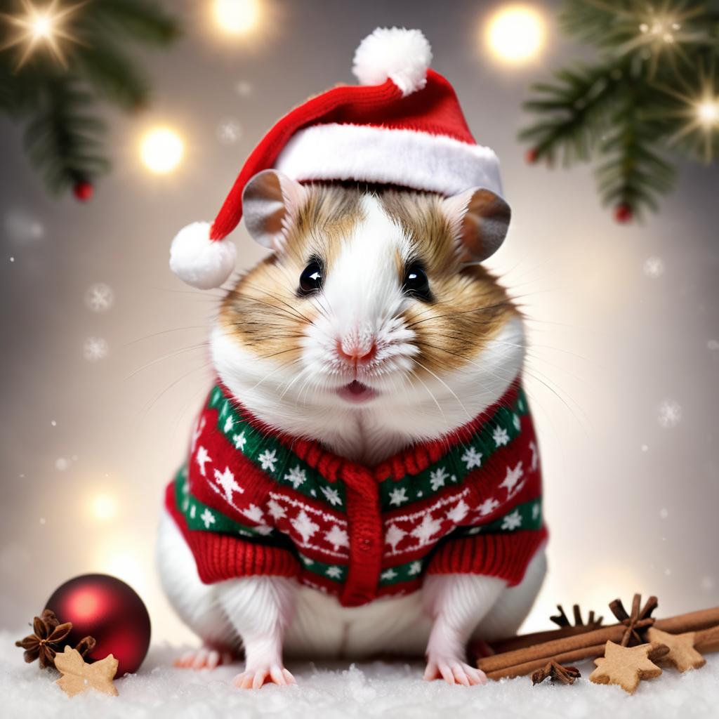 winter white russian dwarf hamster in a christmas sweater and santa hat, lifelike and festive.