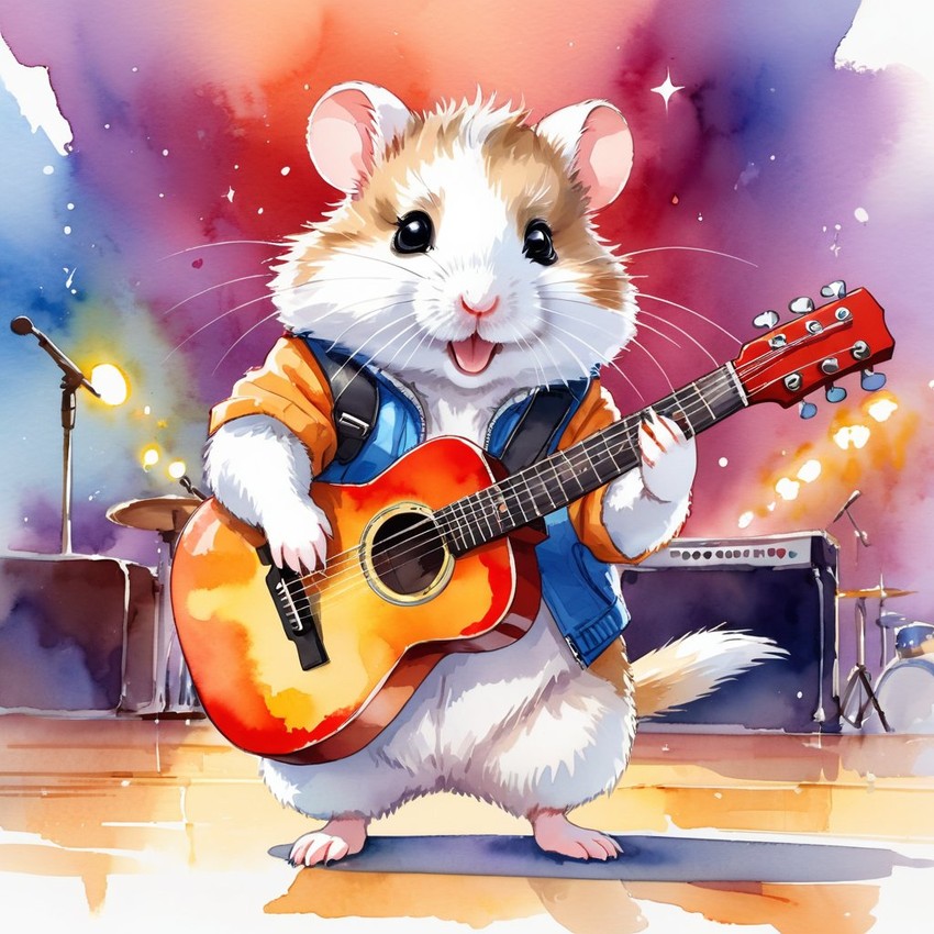 winter white russian dwarf hamster as a musician in a watercolor painting, playing guitar in a vibrant and detailed concert hall scene.