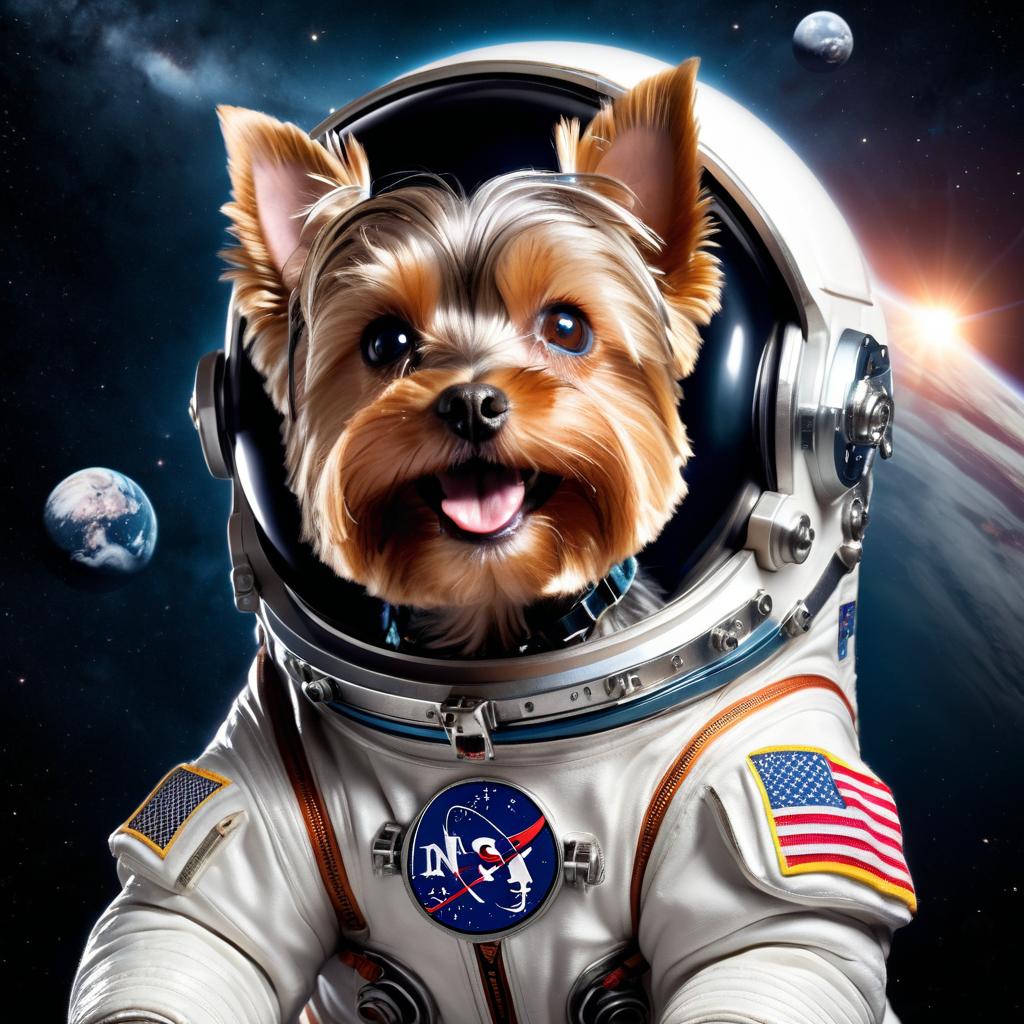 yorkshire terrier as astronaut in space, wearing spacesuit, highly detailed and lifelike.