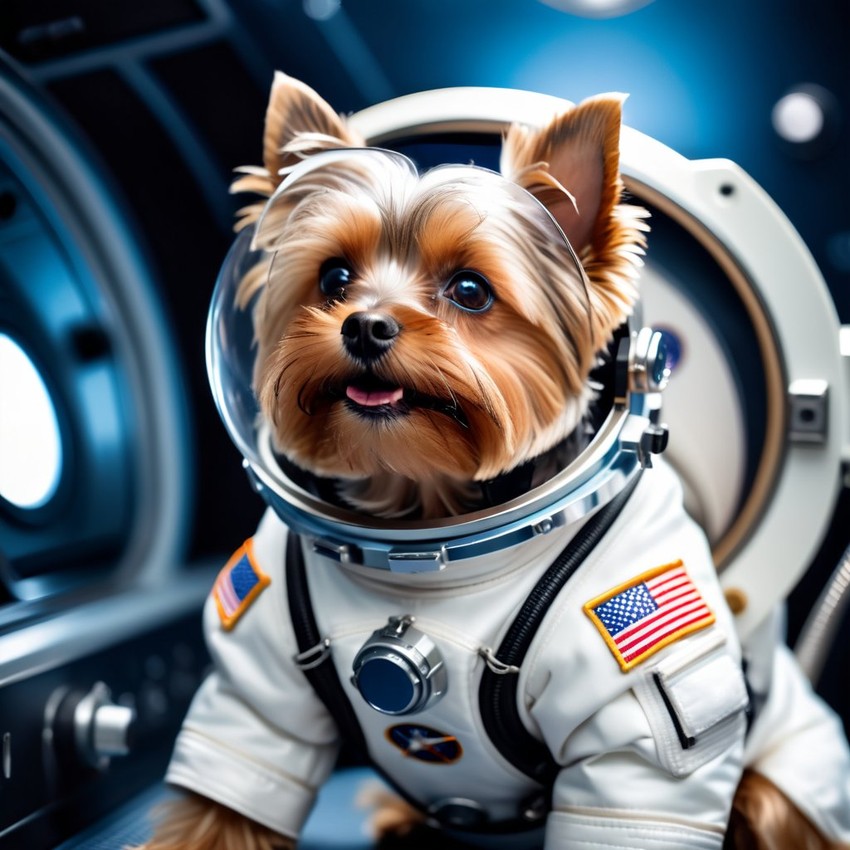 yorkshire terrier as astronaut in space, wearing spacesuit, with spacestation background.