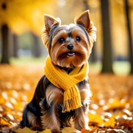 cinematic autumn scene of yorkshire terrier in a yellow scarf, highly detailed and beautiful.