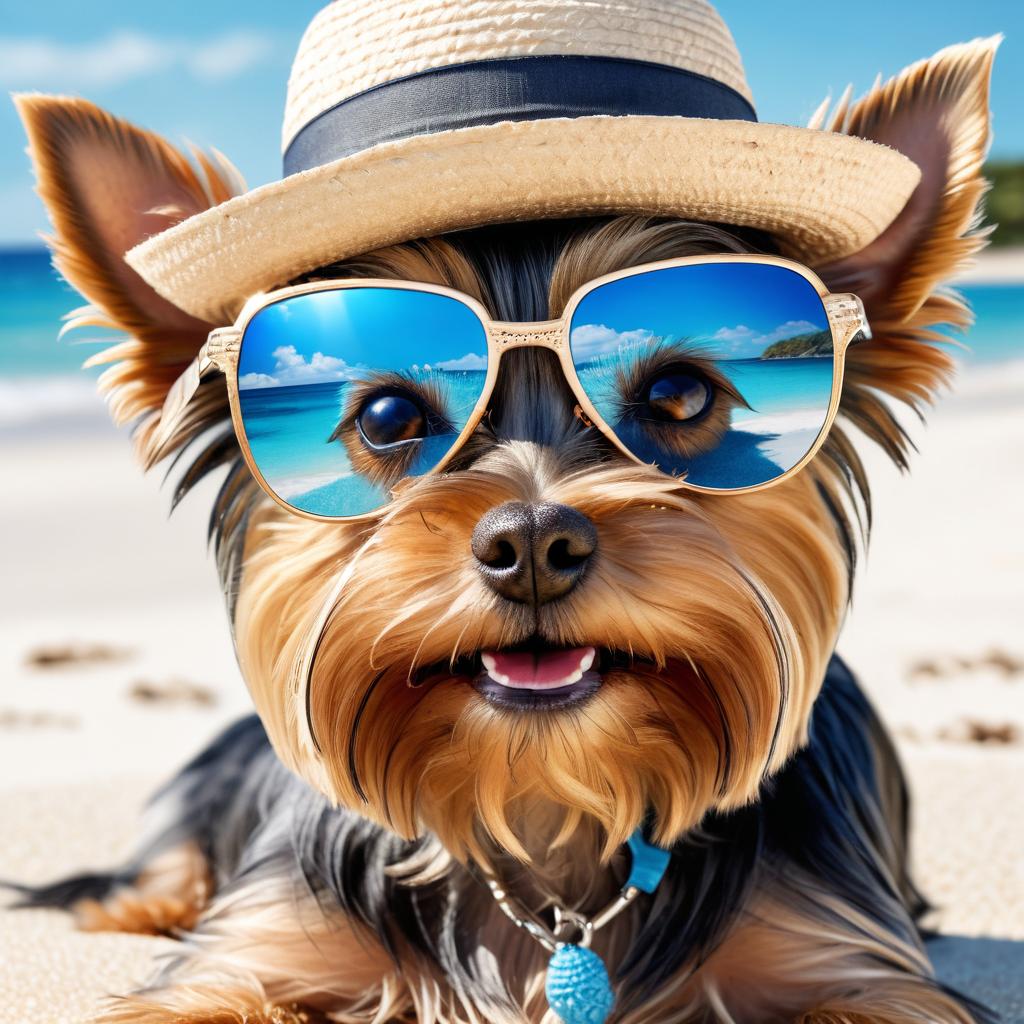 yorkshire terrier on a beach with white sand and blue sea, wearing sunglasses and summer hat.