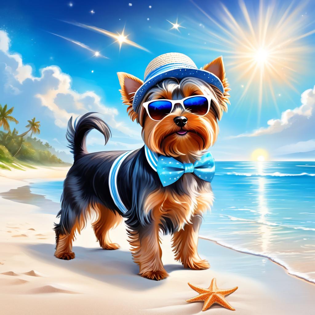 yorkshire terrier on a beach with white sand and blue sea, wearing sunglasses and summer hat.