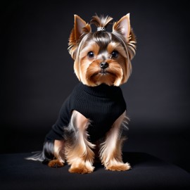 yorkshire terrier in a black turtleneck, against a diffused background, looking cute and elegant.