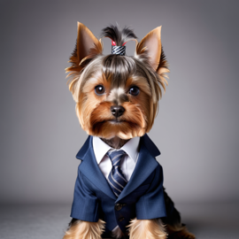 professional headshot of yorkshire terrier wearing a stylish suit for a cv or linkedin, studio photo.