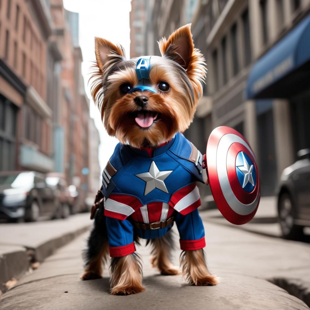 yorkshire terrier as captain america from avengers, in action, cute and happy.