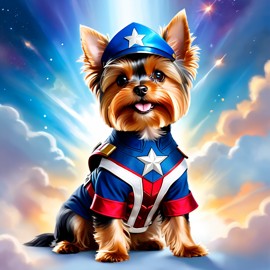 yorkshire terrier as captain america from avengers, ethereal and magical.