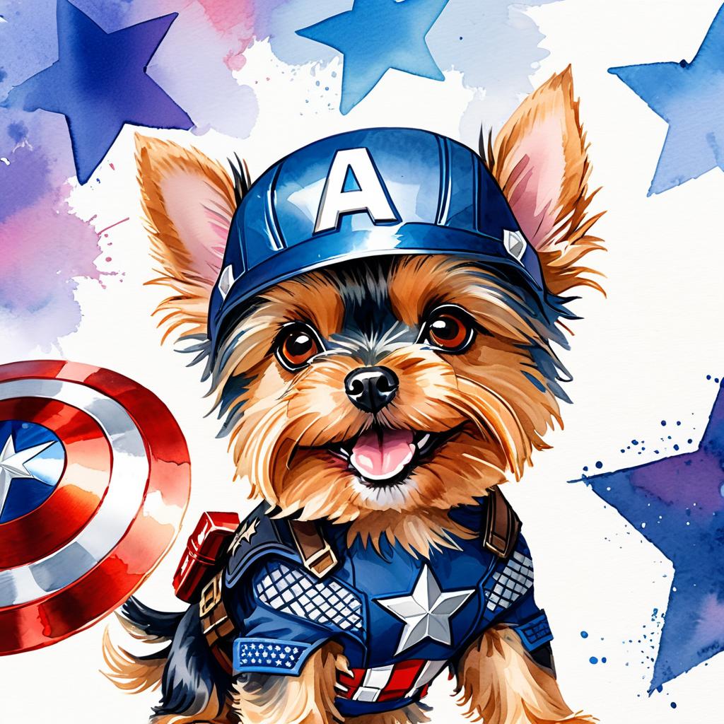 watercolor painting of yorkshire terrier as captain america from avengers, vibrant and detailed.