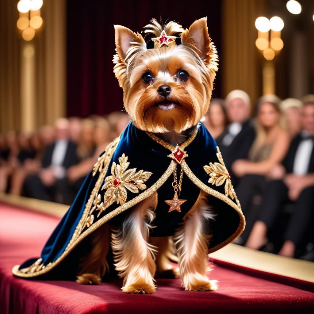 yorkshire terrier strutting down the fashion show catwalk stage in a luxurious velvet cape with gold embroidery, high energy and majestic.