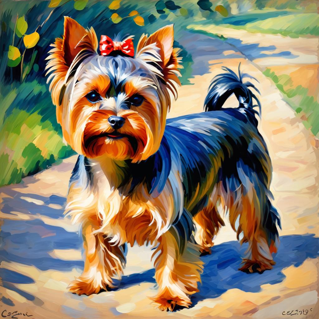 yorkshire terrier in the style of cezanne, highlighting classic brush strokes and an elegant, timeless look.