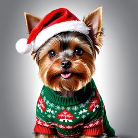 yorkshire terrier in a christmas sweater and santa hat, lifelike and festive.