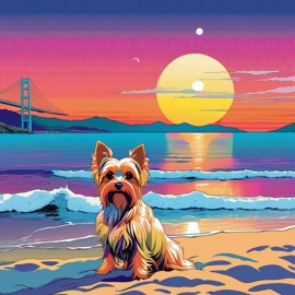 anime artwork of yorkshire terrier in city pop style, retro vaporwave, night view, summer beach scene.