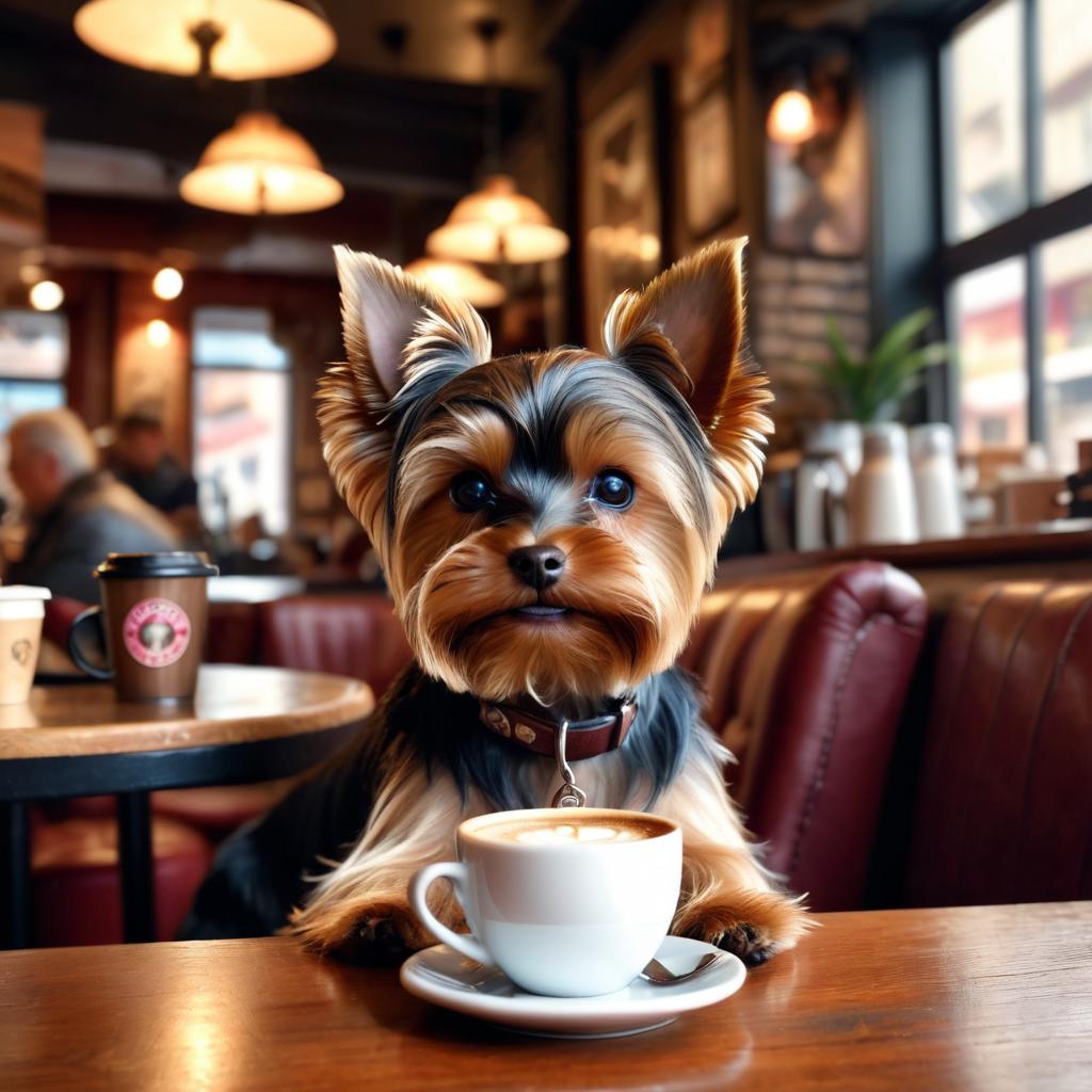 yorkshire terrier sitting in a cozy coffee shop, lifelike and detailed.