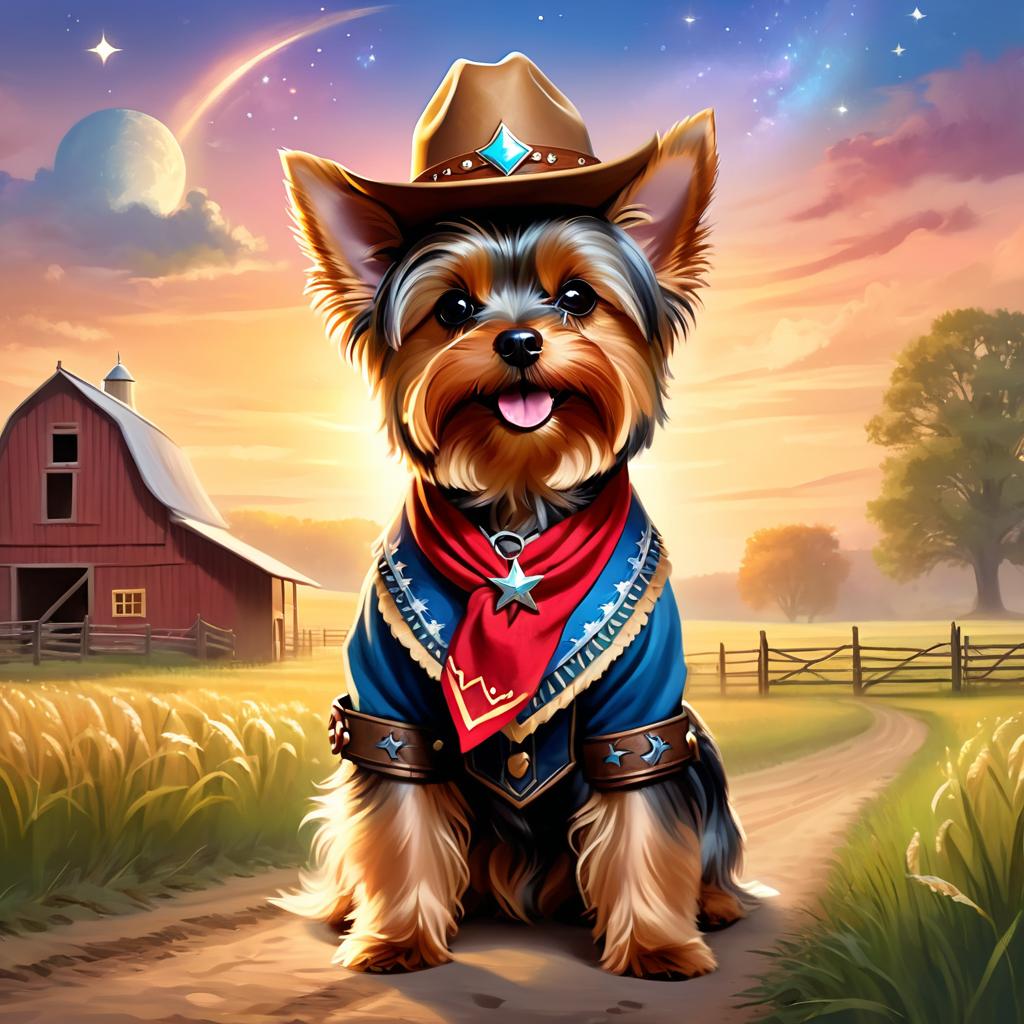 yorkshire terrier as a cowboy wearing a hat, in the midwest countryside, on a farm.