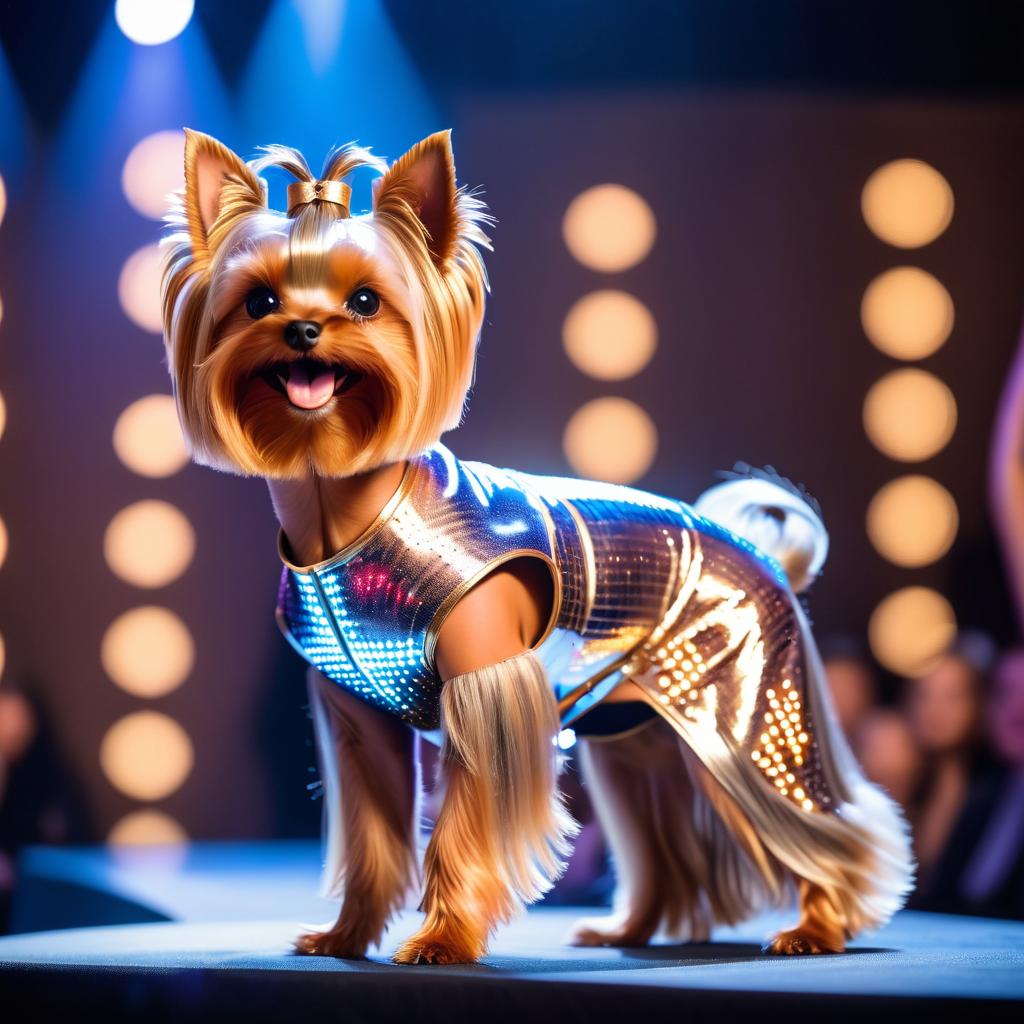 yorkshire terrier strutting down the fashion show catwalk stage in a sleek metallic bodysuit with led accents, high energy and dramatic.